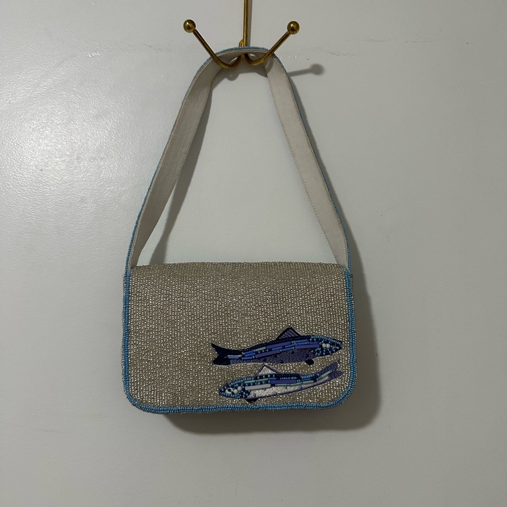 Anthropologie Beaded Fish Motif Shoulder Bag in Blue and Silver - Picture 2 of 3